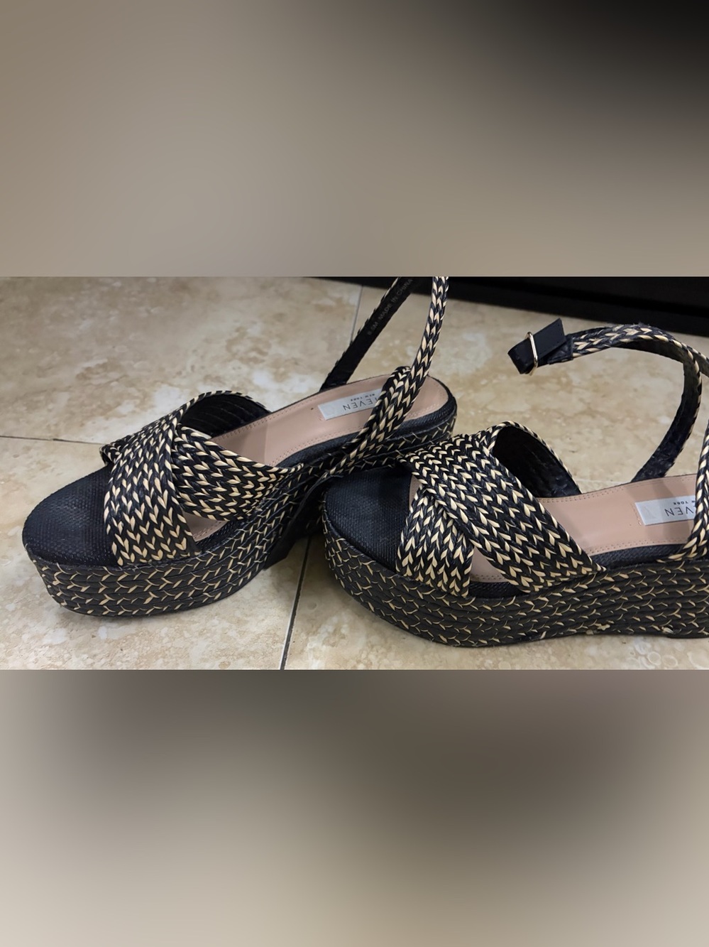 Woven Black and Natural Platform Sandals